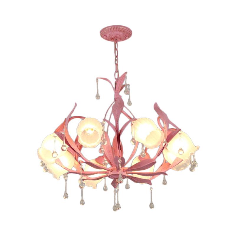 6/8-Light Flower Ceiling Chandelier Korean Garden Green Pink Frosted Glass Light - Rebooters