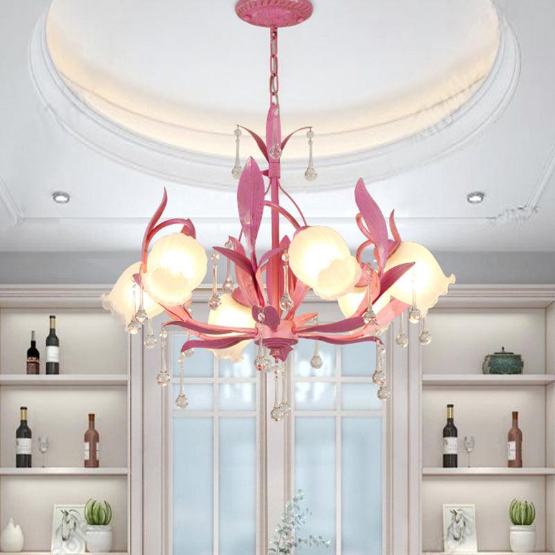 6/8-Light Flower Ceiling Chandelier Korean Garden Green Pink Frosted Glass Light - Rebooters