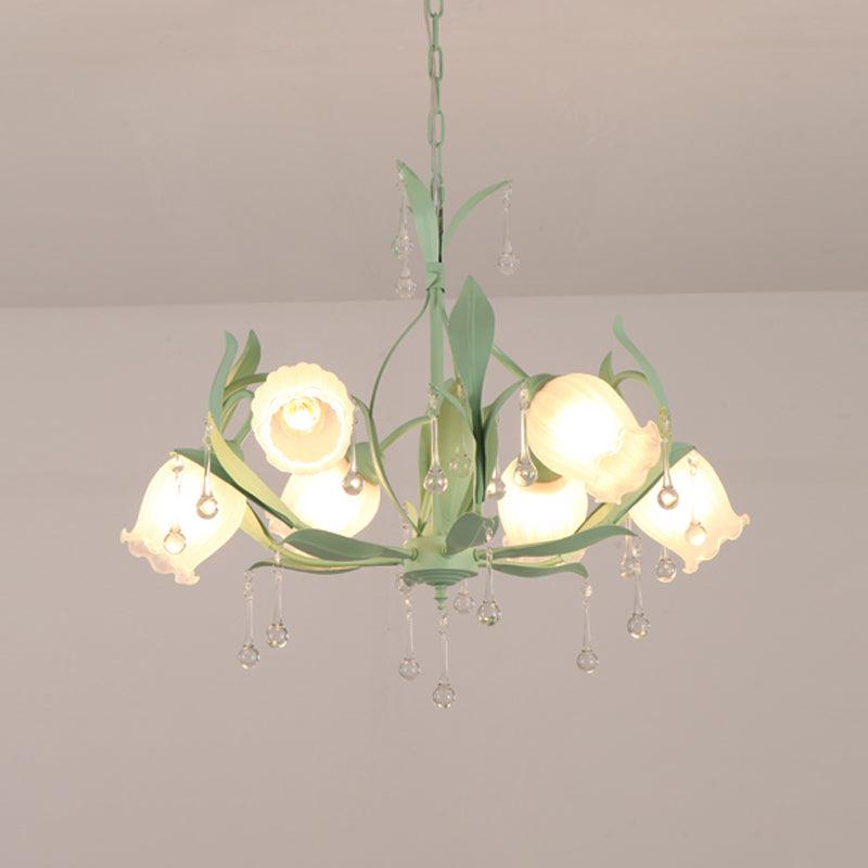 6/8-Light Flower Ceiling Chandelier Korean Garden Green Pink Frosted Glass Light - Rebooters