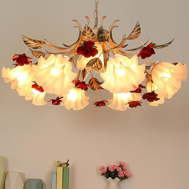 4/6/9-Bulb Frosted Glass Chandelier Pendant Light Korean Garden Beige Floral Childrens Room Lamp - Rebooters