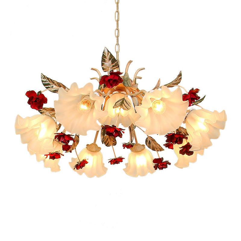 4/6/9-Bulb Frosted Glass Chandelier Pendant Light Korean Garden Beige Floral Childrens Room Lamp - Rebooters