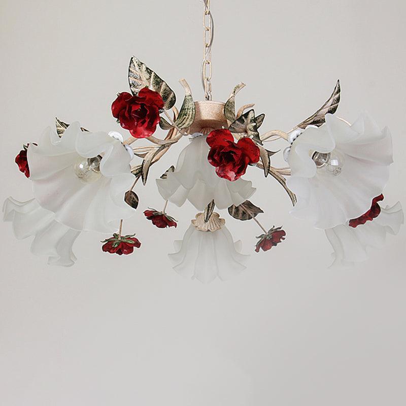 4/6/9-Bulb Frosted Glass Chandelier Pendant Light Korean Garden Beige Floral Childrens Room Lamp - Rebooters