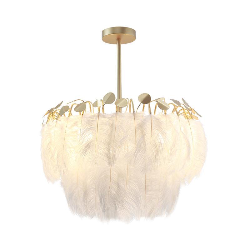 2-Tier Feather Chandelier Lamp Modern 3-Head Gold Lighting - Rebooters
