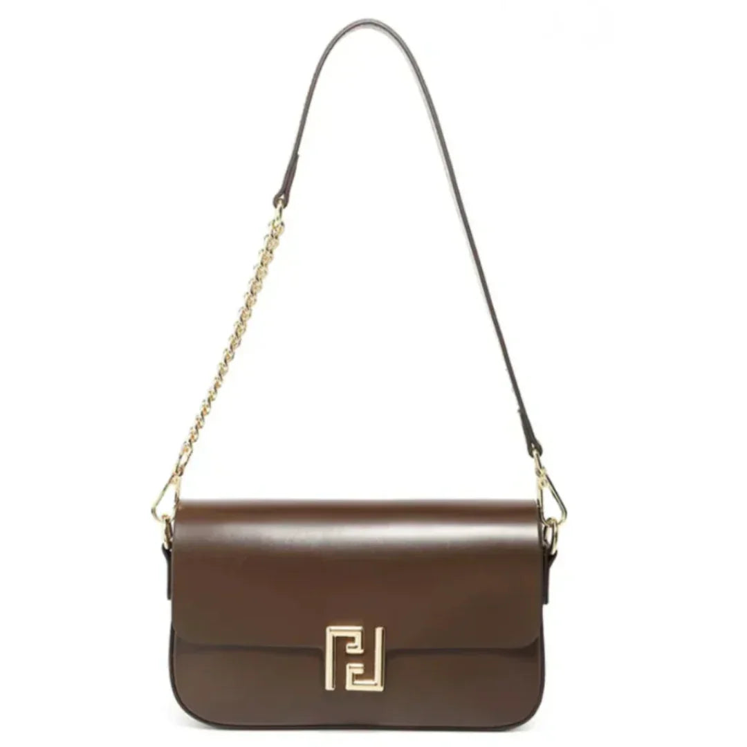 Brown leather shoulder bag with gold chain strap and geometric gold clasp