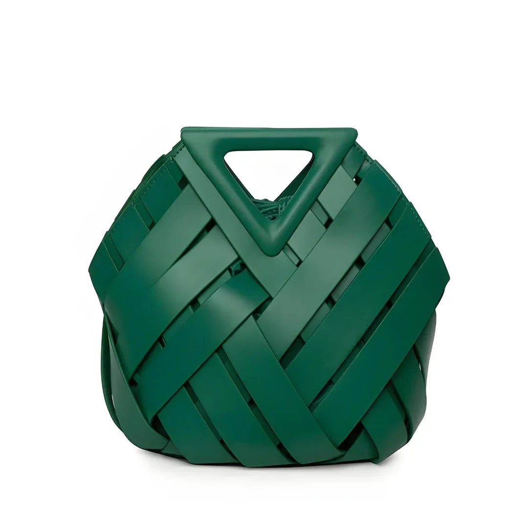 Green woven handbag with geometric triangular handle on white background