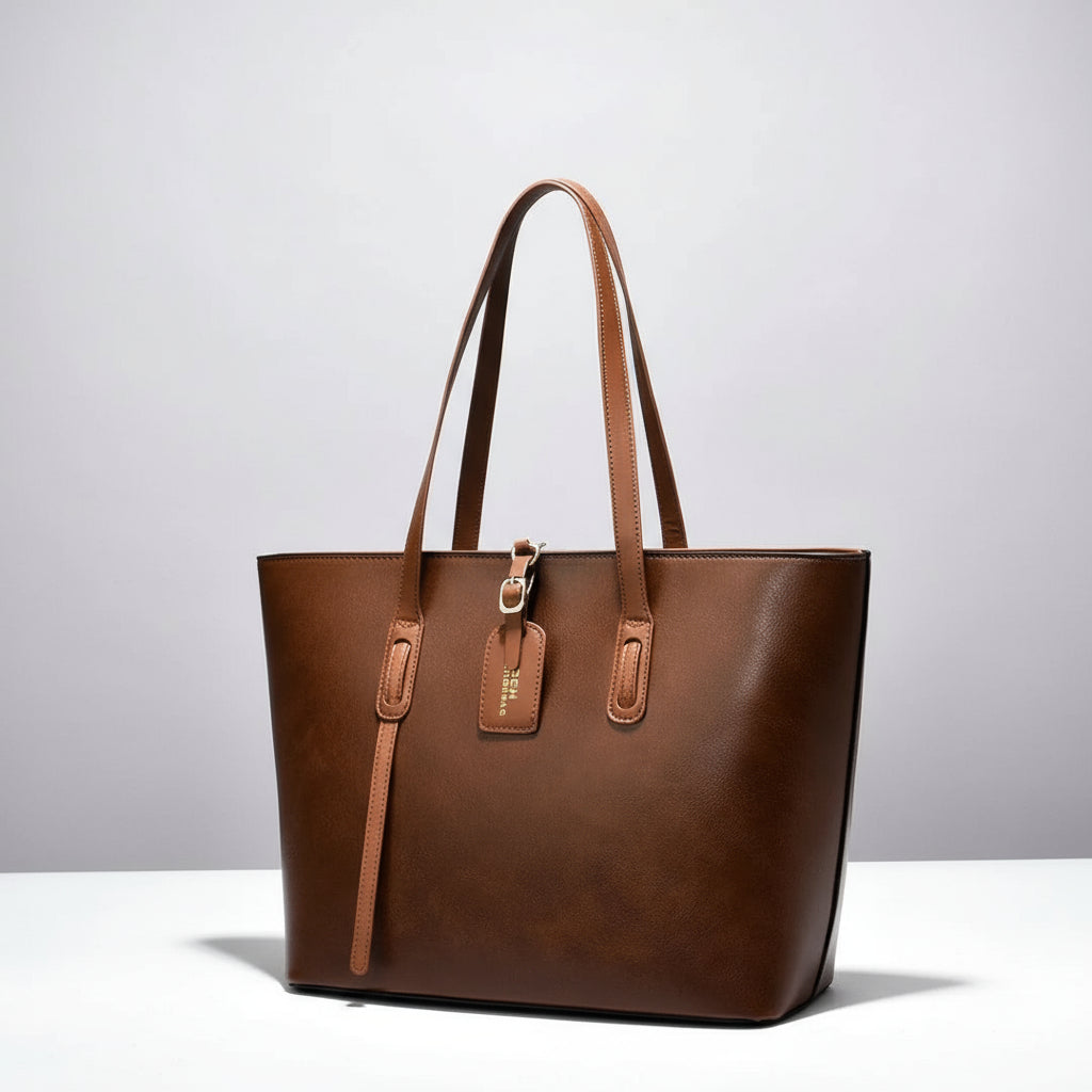 Elegant brown leather tote bag with top handles and tag on a white surface, studio lighting