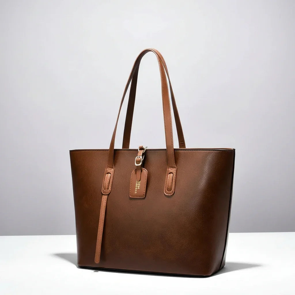 Elegant brown leather tote bag with top handles and tag on a white surface, studio lighting