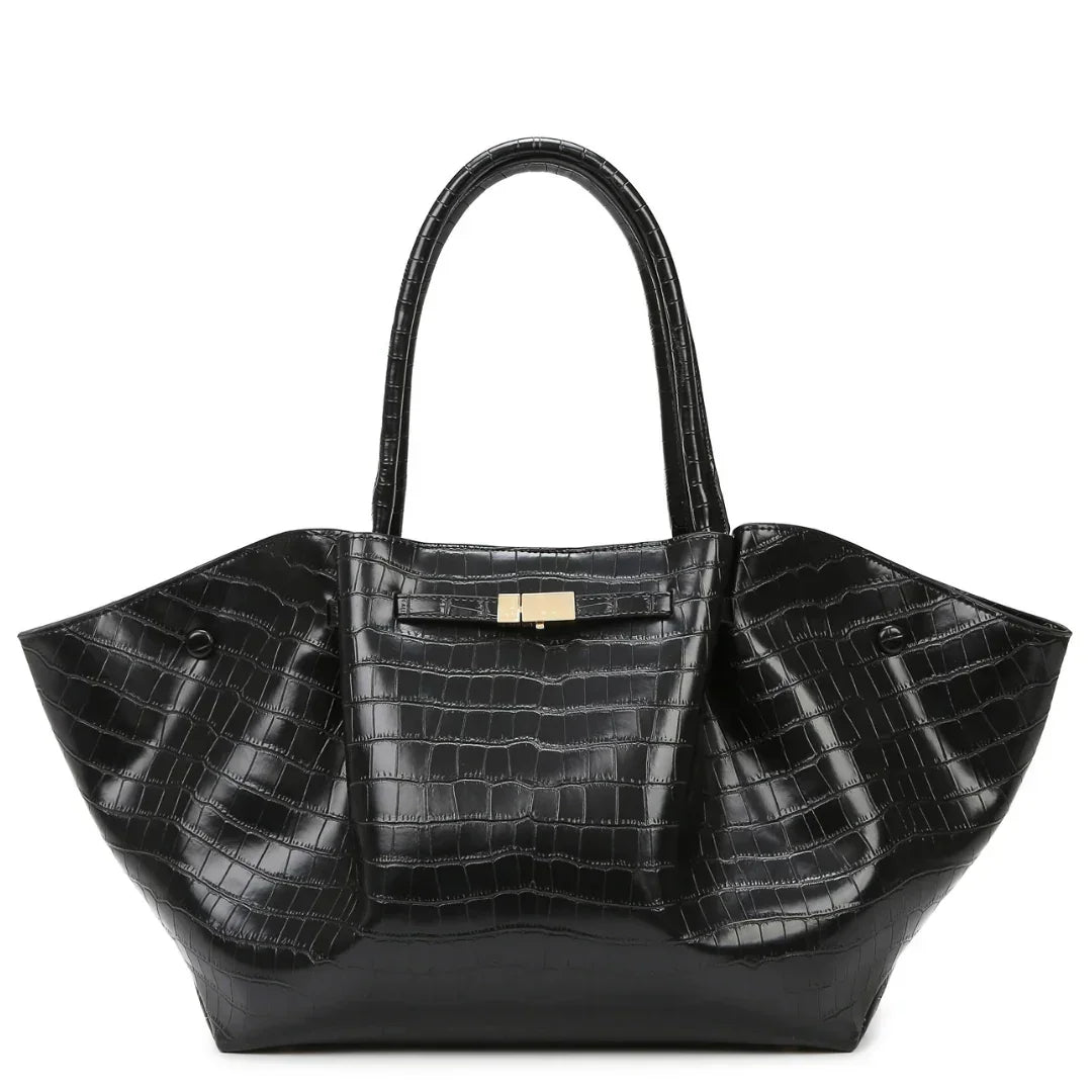 Black crocodile-embossed leather tote bag with gold clasp and wide side panels