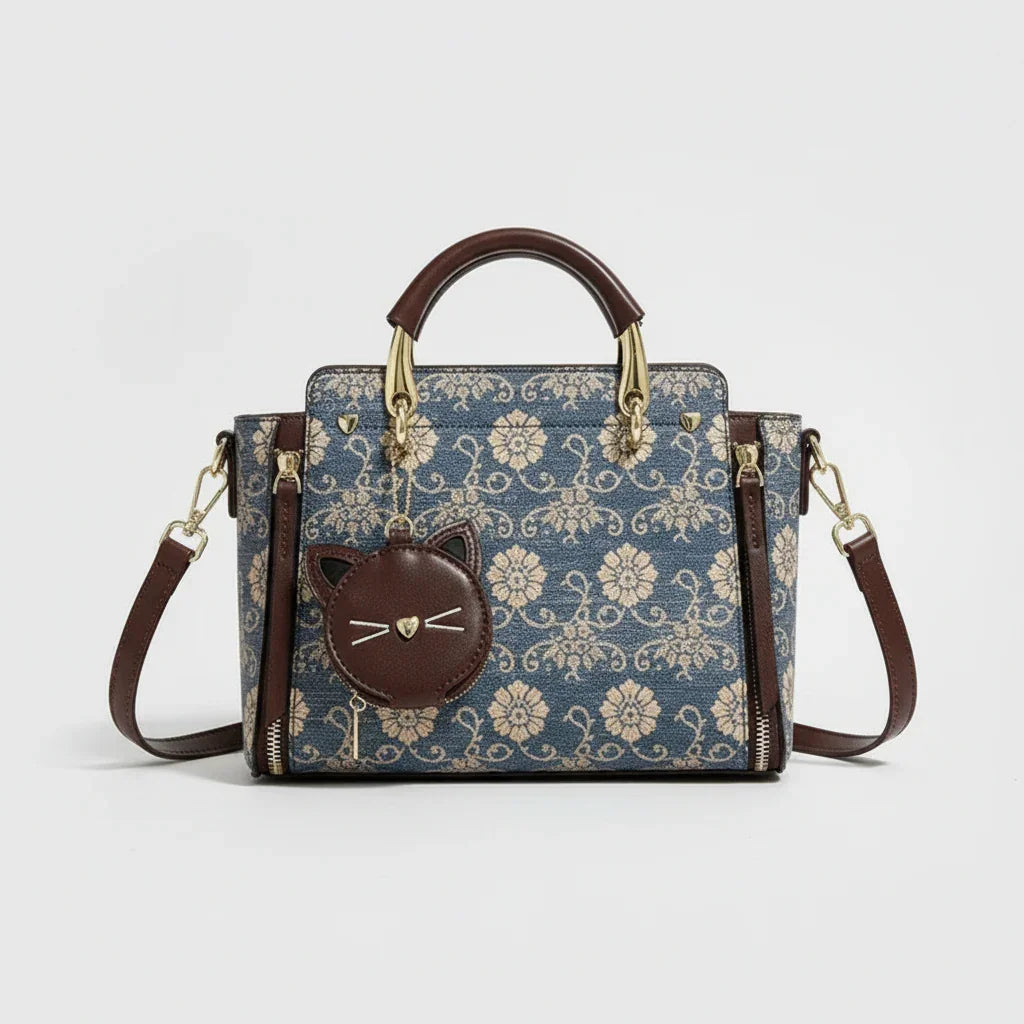 Blue floral pattern handbag with brown leather handles and cat-shaped coin pouch