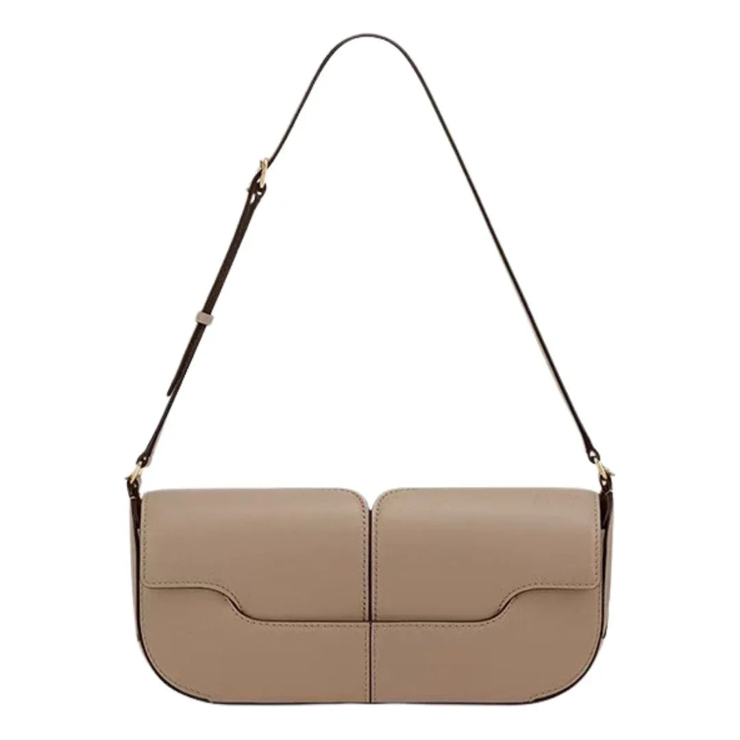 Beige leather shoulder bag with adjustable strap and minimalist design