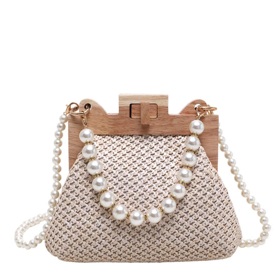 Woven straw handbag with wooden frame and pearl beaded handle, elegant summer purse
