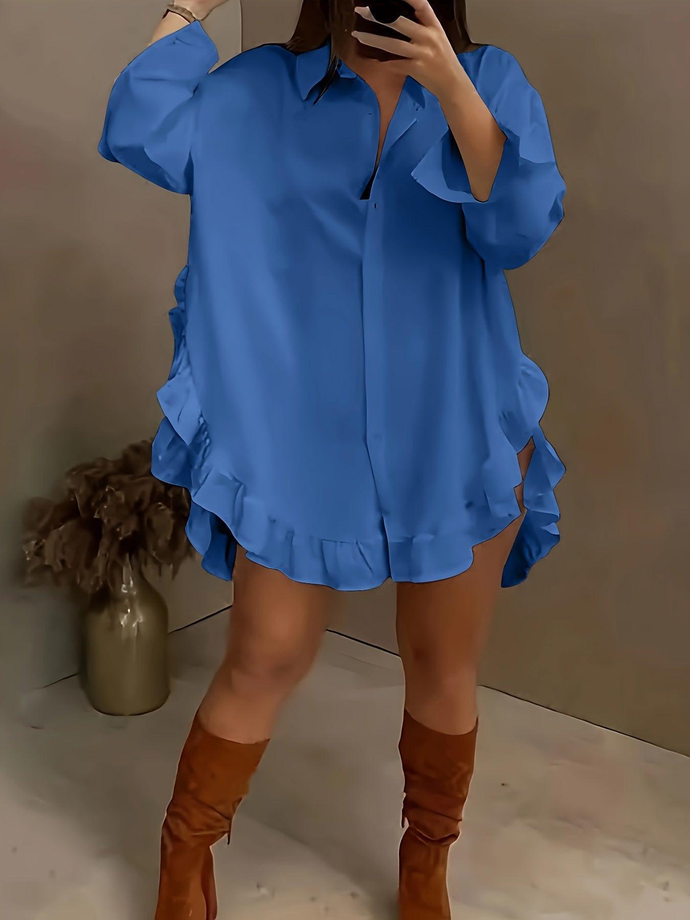 Oversized Ruffle Hem Shirt Dress For Women - Chic Style Rebooters Womens Shirts