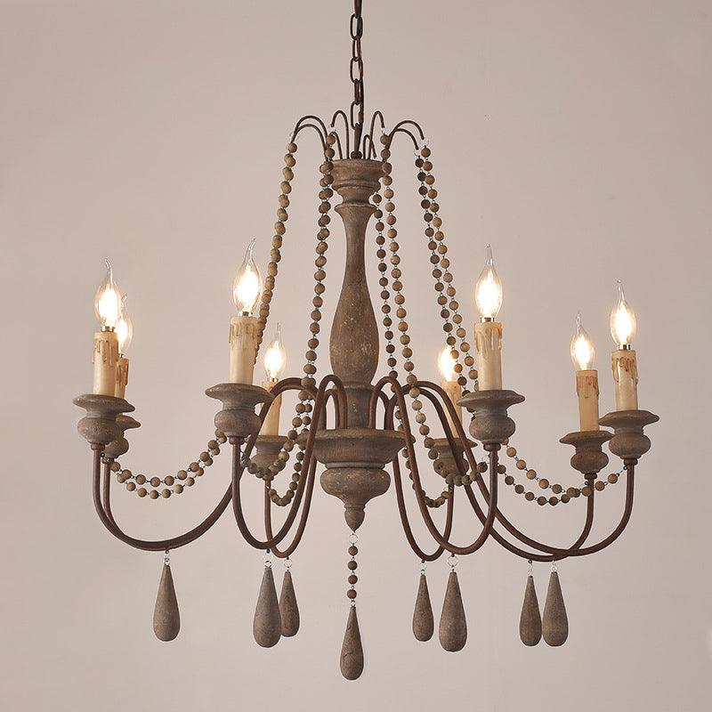 Bead Strand Hanging Chandelier Distressed Wood Lamp Design - Rebooters
