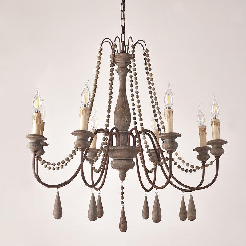 Bead Strand Hanging Chandelier Distressed Wood Lamp Design - Rebooters