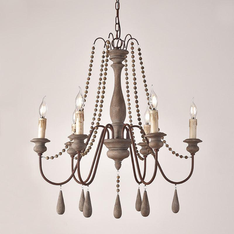 Bead Strand Hanging Chandelier Distressed Wood Lamp Design - Rebooters