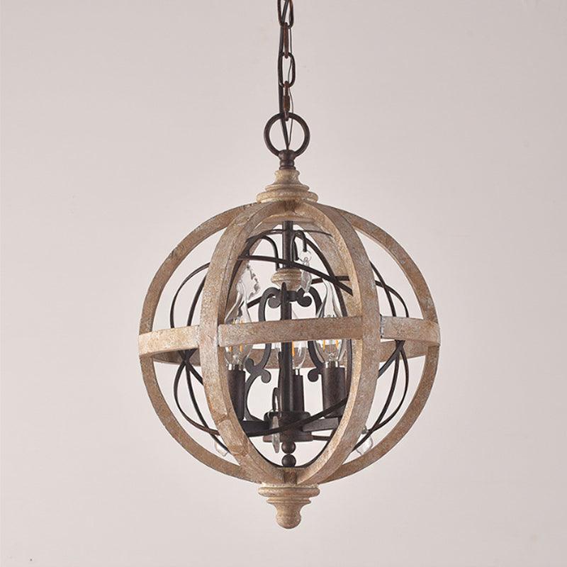 5-Light Wood Drop Pendant Distressed White Globe Chandelier - Rebooters
