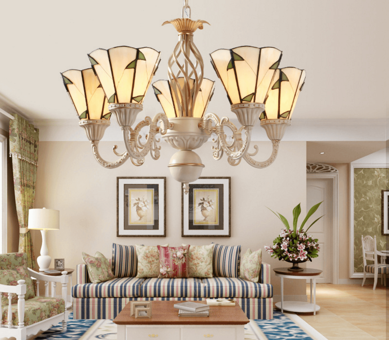 5 Lights Cone Ceiling Chandelier Stained Glass Tiffany Light - Rebooters