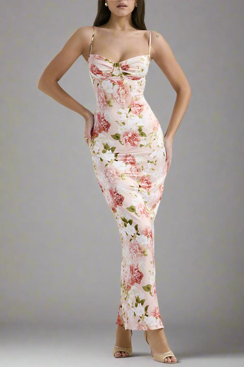 Arabella Floral Maxi Dress with Boned Bodice and Flowing Skirt Rebooters Maxi Women's Dresses