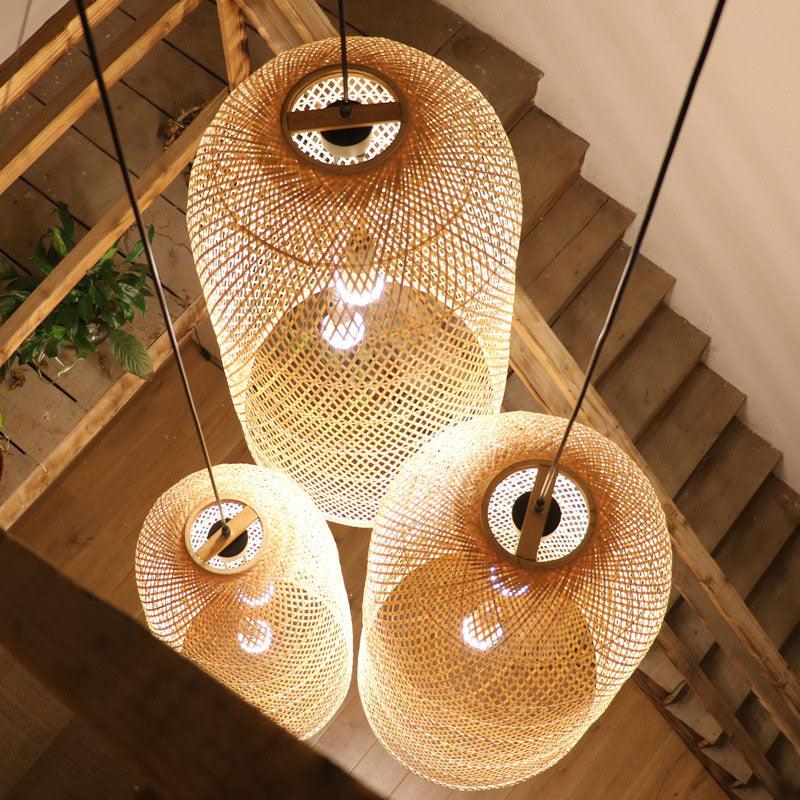 Bamboo Elongated Pendant Chandelier Asian 2 Lights Wood Lamp - Rebooters