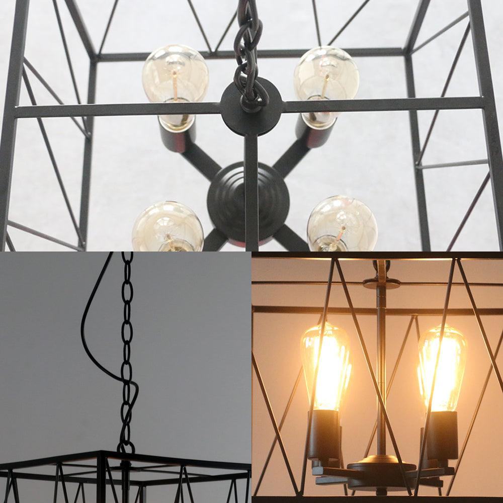 Black Cuboid Wire Frame Pendant Vintage Iron 4 Heads Light - Rebooters