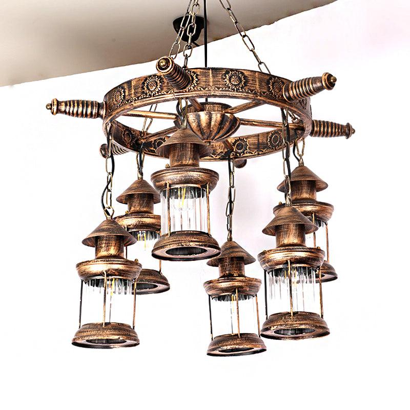 6-Light Clear Glass Hanging Chandelier Antique Brass Fixture - Rebooters