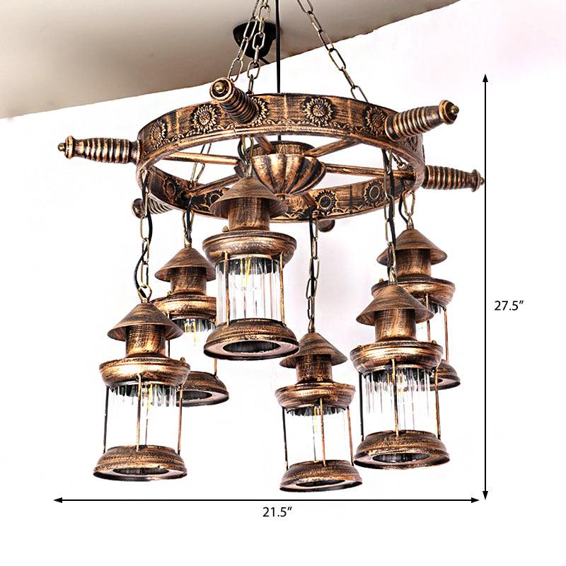 6-Light Clear Glass Hanging Chandelier Antique Brass Fixture - Rebooters