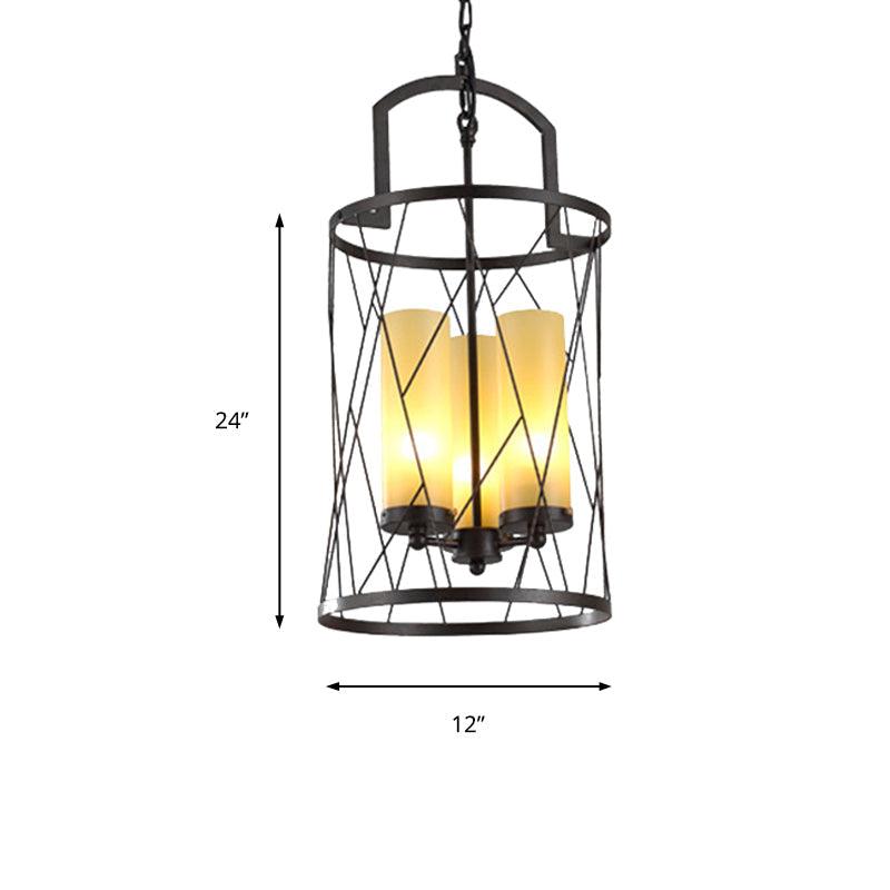 3 Light Pendant Light Traditional Cylinder Beige Glass Chandelier in Black - Rebooters