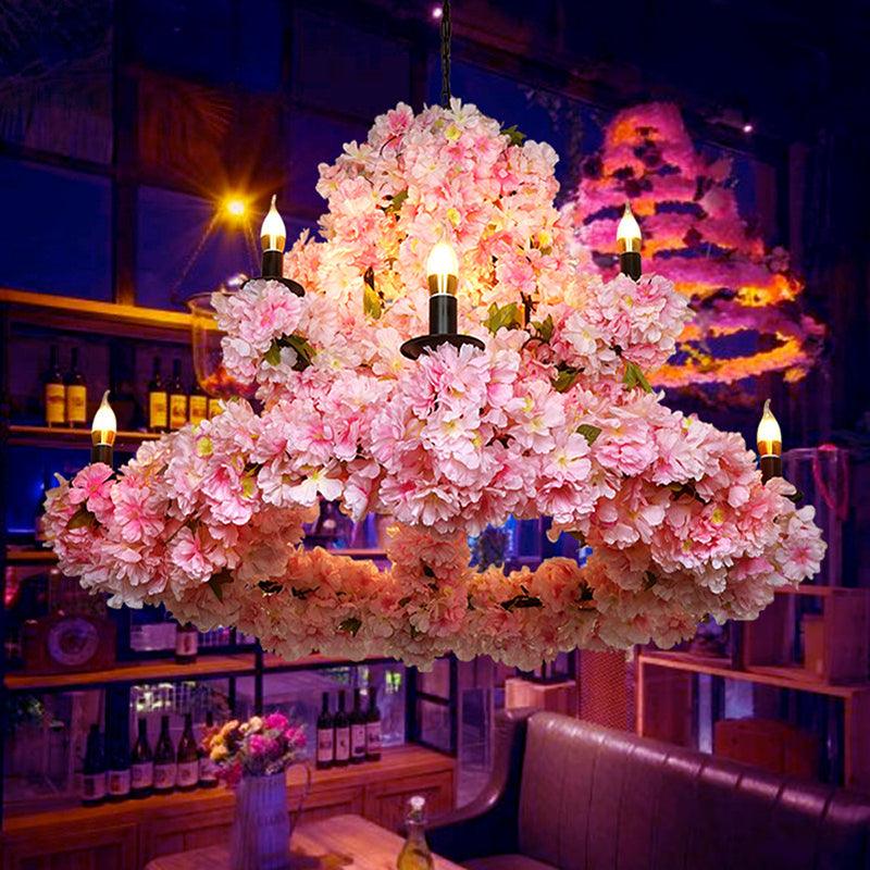 9 Bulbs Suspension Light Rustic Candlestick Metallic Chandelier Light with Cherry Blossom Decor - Rebooters