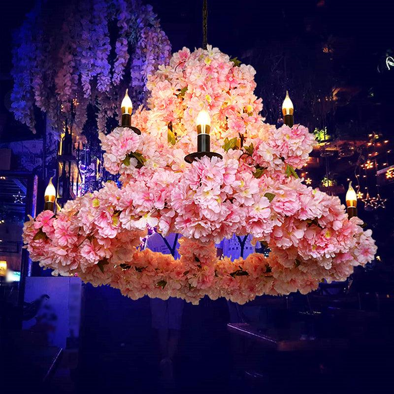 9 Bulbs Suspension Light Rustic Candlestick Metallic Chandelier Light with Cherry Blossom Decor - Rebooters