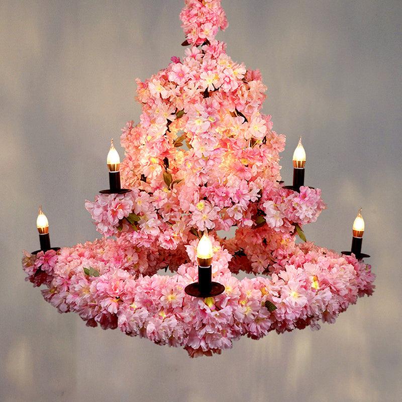9 Bulbs Suspension Light Rustic Candlestick Metallic Chandelier Light with Cherry Blossom Decor - Rebooters