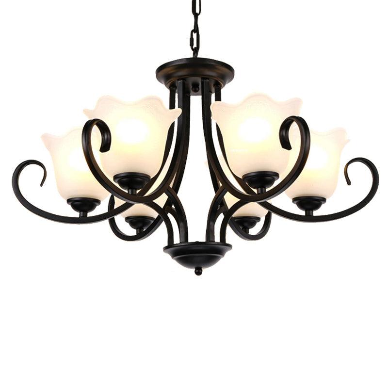 3/6/8 Lights Ceiling Light Traditional Flower Shape Frosted Glass Hanging Chandelier in Black - Rebooters