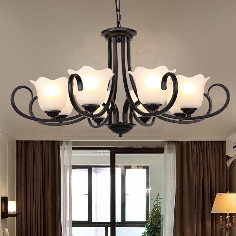 3/6/8 Lights Ceiling Light Traditional Flower Shape Frosted Glass Hanging Chandelier in Black - Rebooters