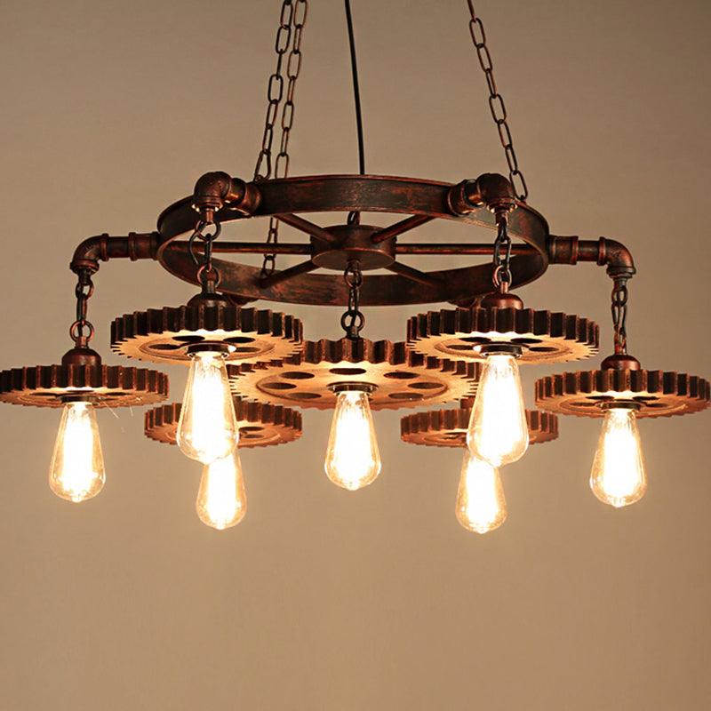 Antique Copper 7 Lights Chandelier Light Fixture Retro Industrial Metal Gear Shaped Pendant Lamp - Rebooters