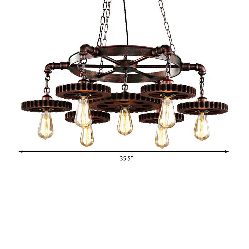 Antique Copper 7 Lights Chandelier Light Fixture Retro Industrial Metal Gear Shaped Pendant Lamp - Rebooters