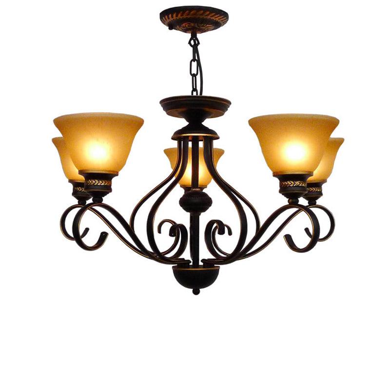 5 Lights Beige Frosted Glass Hanging Chandelier Black Bell - Rebooters