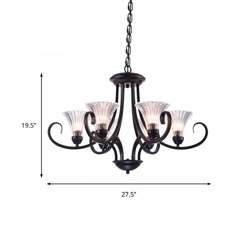 Bell Living Room Ceiling Chandelier Clear Ribbed Glass 4/6/8 Lights Black Fixture - Rebooters