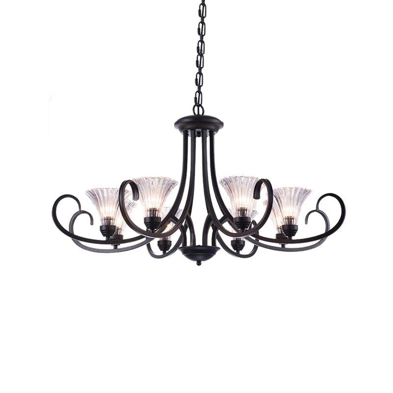 Bell Living Room Ceiling Chandelier Clear Ribbed Glass 4/6/8 Lights Black Fixture - Rebooters
