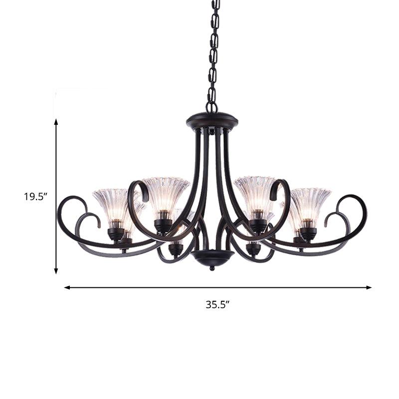 Bell Living Room Ceiling Chandelier Clear Ribbed Glass 4/6/8 Lights Black Fixture - Rebooters