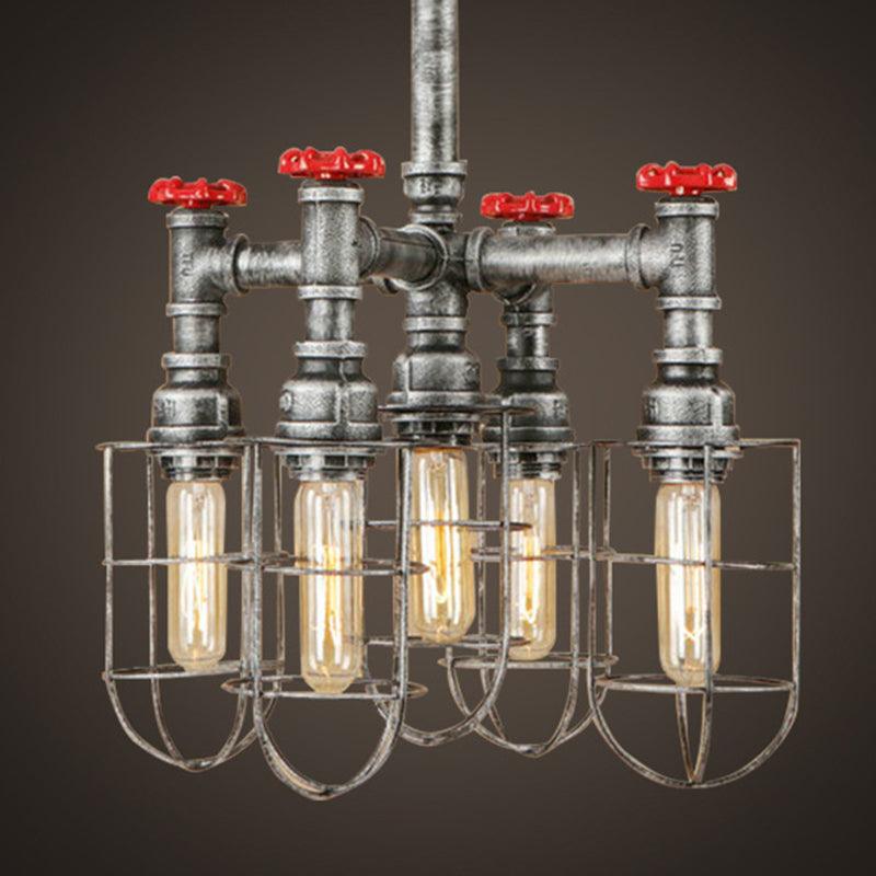 5 Lights Ceiling Light Industrial Caged Amber Glass Chandelier - Rebooters