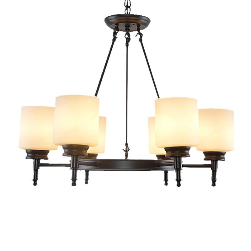 3/6 Lights Frosted Glass Chandelier Traditional Black Wheel Dining Room Fixture - Rebooters