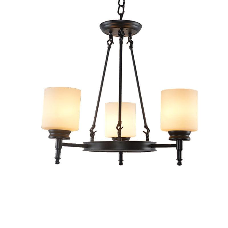 3/6 Lights Frosted Glass Chandelier Traditional Black Wheel Dining Room Fixture - Rebooters
