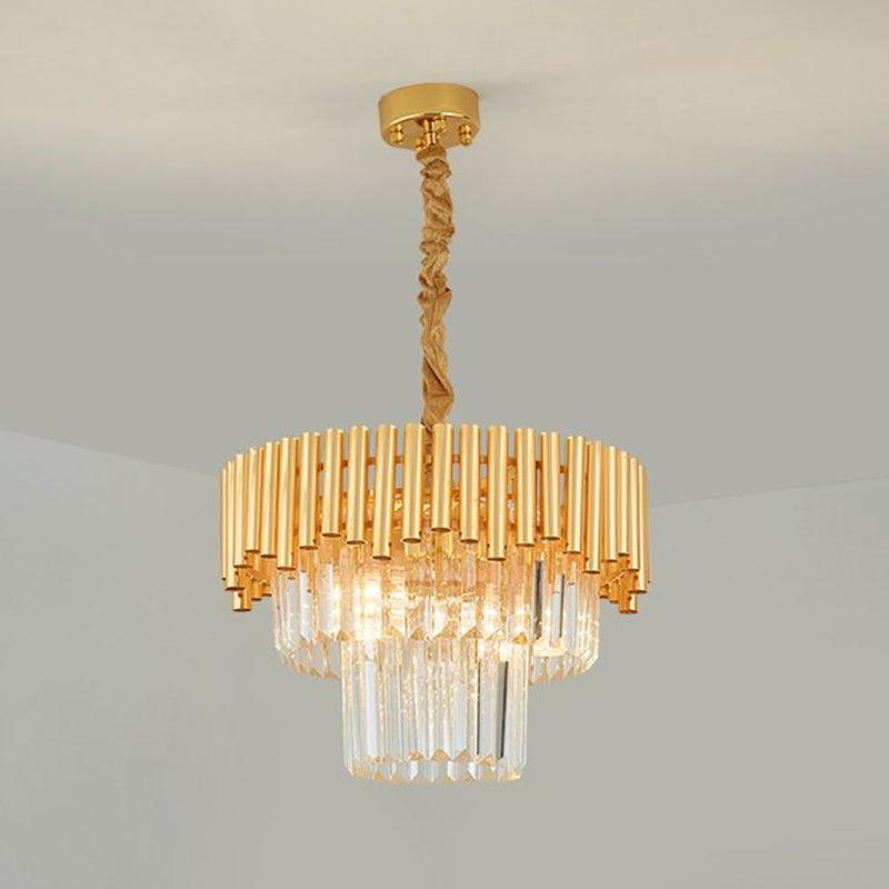 Artistic Tiered Round Suspension Light Clear Crystal Living Room Chandelier Light in Gold - Rebooters