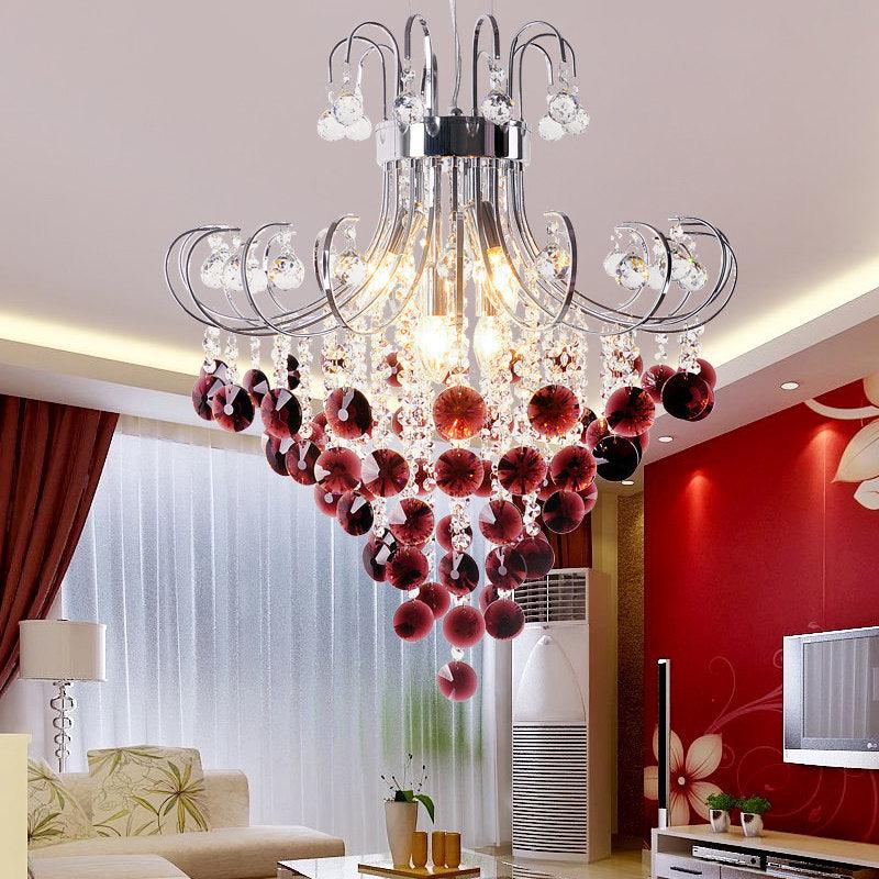 Bent Arm Frame Ceiling Light Fixture Modern Red Crystal Chandelier - Rebooters
