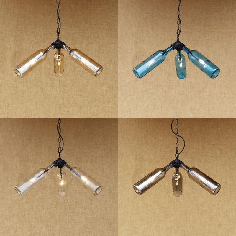 3 Bulbs Bottle Chandelier Lamp Rustic Stylish Blue Clear Glass Pendant Light Fixture for Restaurant - Rebooters