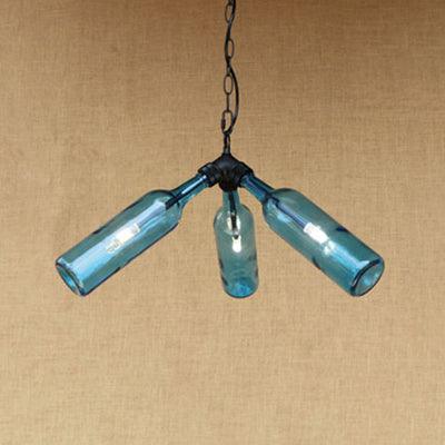 3 Bulbs Bottle Chandelier Lamp Rustic Stylish Blue Clear Glass Pendant Light Fixture for Restaurant - Rebooters
