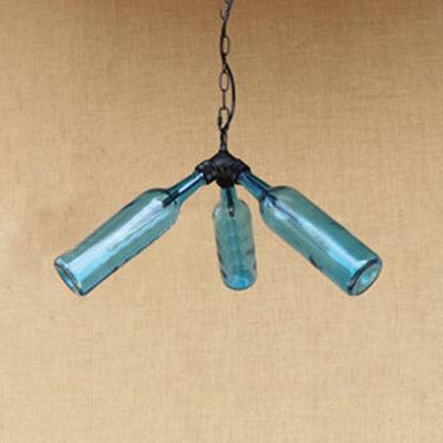 3 Bulbs Bottle Chandelier Lamp Rustic Stylish Blue Clear Glass Pendant Light Fixture for Restaurant - Rebooters
