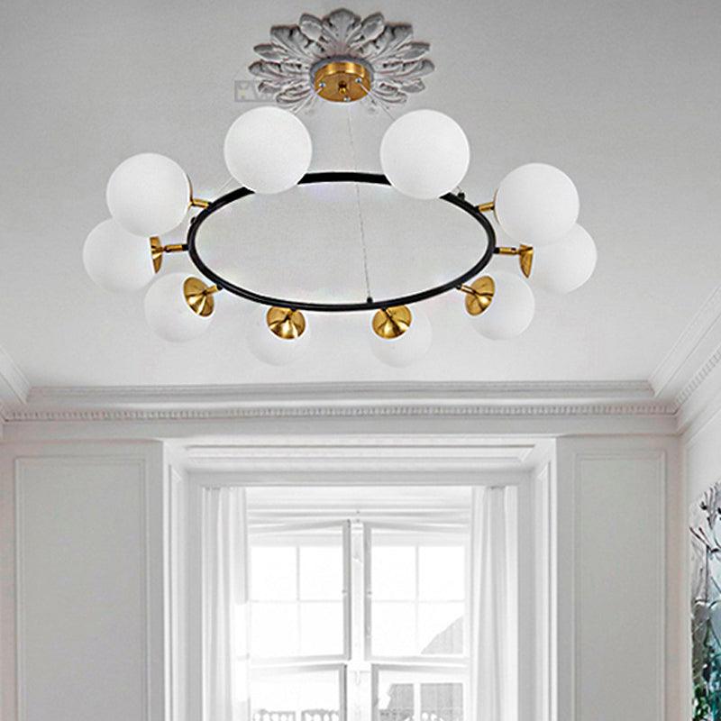 39 Inch Wide Sphere Milk White Glass Chandelier Modern 10 Lights Black Ceiling Pendant - Rebooters