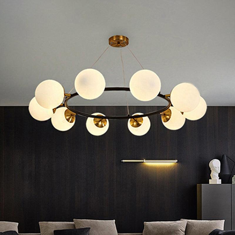 39 Inch Wide Sphere Milk White Glass Chandelier Modern 10 Lights Black Ceiling Pendant - Rebooters