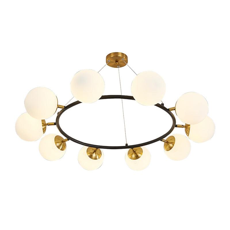 39 Inch Wide Sphere Milk White Glass Chandelier Modern 10 Lights Black Ceiling Pendant - Rebooters