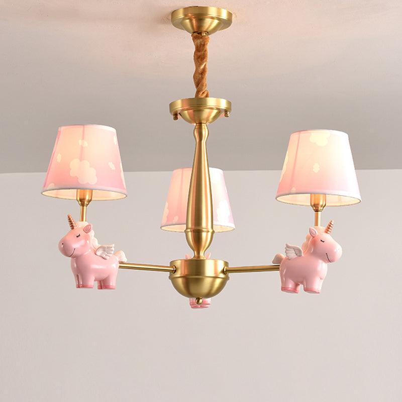 Kids Style Bucket Suspension Light Fabric Child Room Chandelier Light with Resin Unicorn - Rebooters